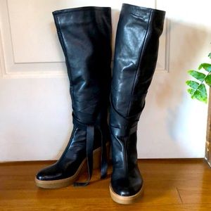 NWOT Antonio Melani Black Leather Knee High Wedge Boots Size 8